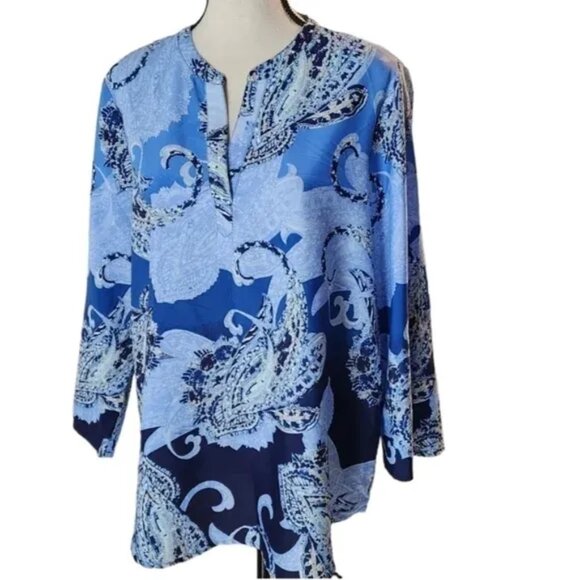 Chico's Blue Swirl Paisley Split V-Neck Tunic Blouse Top Sz 3 XL Long Sleeve - Picture 1 of 7